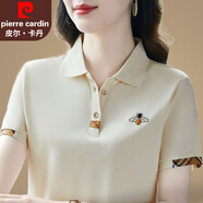 皮爾卡丹品牌冰絲短袖t恤女夏季2025新款女裝翻領(lǐng)女士polo衫寬松大碼上衣 米杏【冰絲面料】 2XL 【建議重120-130斤】