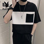 花花公子（PLAYBOY）夏季拼接T恤男短袖潮流時(shí)尚痞帥撞色體恤衫新款男士休閑百搭上衣 鹿T18-拼接口袋】短袖 黑色 L 【建議95-115斤】
