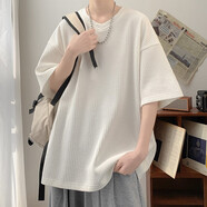 尊首（ZUNSHOU）雞心V領(lǐng)短袖t恤男泡泡紗肌理感大碼寬松半袖t恤垂感純色青少年夏 白色 M