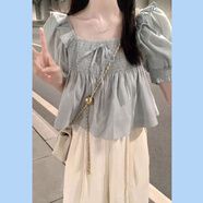 蝶霓斯小個(gè)子森系穿搭一整套女夏季2025年新款泡泡袖上衣多巴胺兩件套裝 藍(lán)色泡泡袖上衣 S 建議80-95斤