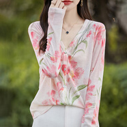 黎依奴（LISLAVE）2025秋季新款V領(lǐng)圓領(lǐng)針織開(kāi)衫女外套印花薄款寬松休閑百搭長(cháng)袖女 粉色花朵 JXHDHZH-2428 XL （適合130-150斤）