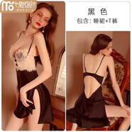 莫代爾性感睡衣女2025新款冰絲鋼托小胸聚攏吊帶睡裙蕾絲高級(jí)感夏款套裝 黑色吊帶裙 M 80-105斤