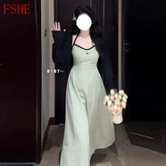 FSHE2025新款大碼女裝法式性感連衣裙女夏季輕奢感胖MM遮肚顯瘦吊帶裙 豆沙綠連衣裙 （單吊帶） 3XL (建議160~180斤)