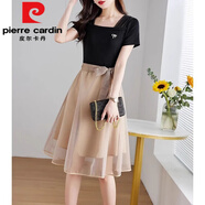 皮爾卡丹（pierre cardin）氣質(zhì)網(wǎng)紗拼接假兩件連衣裙女夏收腰顯瘦時(shí)尚小個(gè)子方領(lǐng)短袖中長(zhǎng)裙 黑拼卡其 M (80-100斤)
