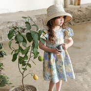 2025夏款韓版法系甜美女童女孩美膩泡泡袖連衣裙現貨 (Lc8) 大花藍裙 均碼 90cm