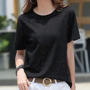 FHHUABD體桖女夏2021年新款韓版亮閃閃T恤冰絲寬松百搭大碼短袖亮片上衣 黑色 L 110-130斤