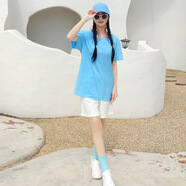 冠貿(mào)裴夏季糖果色閨蜜裝寬松短袖恤姐妹班服團體活動款 天藍色T恤+帽子+襪子+眼鏡+短褲 S 【75-80斤】