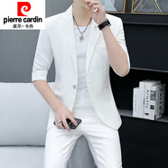 皮爾卡丹（pierre cardin）夏季七分袖西服套裝男士韓版修身中袖薄款外套休閑短袖小西裝針織 白色【上衣+褲子】 M (90~105斤)
