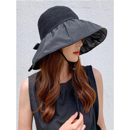 目丸防曬帽子女士遮陽(yáng)帽夏鏤空草帽紫外線(xiàn)大檐蝴蝶結太陽(yáng)帽漁夫帽子女 黑色 可調節