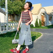 俠客小龜女童夏裝2025新款洋氣時(shí)髦套裝大童女孩牛仔半身裙子兒童夏季背心 條紋背心+牛仔裙2件套 130
