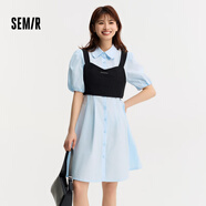 森馬（Semir）【連衣裙合輯】夏天女法式慵懶風裙子復古學院風針織裙雪紡碎花裙 D款抹胸襯衫裙-冰藍80913 S