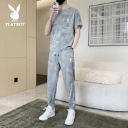 花花公子2025新款男士夏季兩件套裝韓版短袖九分褲潮流t恤五分褲運動(dòng)休閑 8908灰色(長(cháng)褲套裝) M 90-110斤