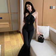 妙夕漫歐美性感辣妹風連帽連體衣氣質修身顯瘦闊腿微喇叭大露背連體長褲 黑色 S