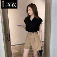 LPOX套裝夏季女裝2025年新款休閑短褲女氣質(zhì)顯瘦坎肩襯衫百搭兩件套 黑色上衣+卡其色褲子 L _[建議105-115斤]