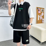瓊珞筱2025夏季短袖t恤男孩12-15歲青少年學(xué)生寬松半袖大童體恤套裝上衣 TZ073黑色 M 推薦90-105斤