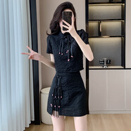 拉夏貝爾（La Chapelle）短袖連衣裙女裝2025夏季新款新中式國(guó)風(fēng)小個(gè)子兩件套裝裙子女夏天 黑色 M