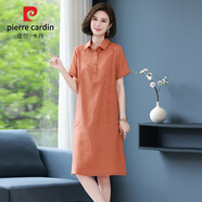 皮爾卡丹（pierre cardin）夏季短袖連衣裙女裝2024年新款韓版高腰寬松顯瘦中長(cháng)款棉麻裙子潮 桔紅色 2XL （140-155斤）