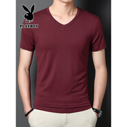 花花公子（PLAYBOY）莫代爾冰絲男士T恤短袖V領(lǐng)夏季純色白色打底衫涼感速干體恤雞心領(lǐng) 515棗紅 M (適合95-115斤)