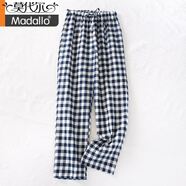 莫代爾日系小清新格子雙層純棉紗布女士睡褲夏季薄款情侶長(cháng)褲男士家居褲 藍色格子/女款長(cháng)褲 L 165