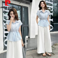 皮爾卡丹（pierre cardin）2025夏季新款氣質(zhì)感修帶身襯衣高腰闊腿褲套裝洋氣輕熟兩件套 淺藍色【上衣+闊腿褲】 L 建議105-115斤左右