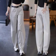 RAJKPOOR高級感闊腿牛仔褲女2025新款春秋高腰垂感寬松直筒休閑百搭彎刀褲 莫蘭迪灰《帶腰帶》 常規 L /28建議106-115斤