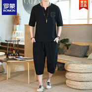 羅蒙（ROMON）亞麻休閑褲男士寬松中國風(fēng)棉麻短袖T恤短褲套裝七分褲兩件套男 黑色W19 4XL (165-185斤)