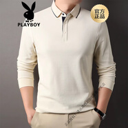 花花公子（PLAYBOY）純棉長袖t恤男Polo衫新款春秋季商務休閑打底衫中年爸爸裝 淺米色 L