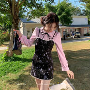 織物豬 藍莓果樹(shù) 韓系碎花吊帶連衣裙女早春紫色襯衫兩件套短裙子 吊帶裙 L (105-115)