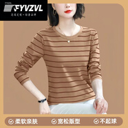 FYVZVL春秋季條紋100%純棉長(cháng)袖t恤女?huà)寢屟b大碼寬松內搭外穿上衣打底衫 彡七七【咖啡】 2XL 建議135-145斤