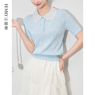 法曼麗 2025夏季法式重工釘珠翻領(lǐng)絞花T恤時(shí)尚針織衫W2504303 藍(lán)色 均碼