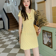 FSHE2025法式木耳邊小飛袖連衣裙女夏季氣質修身顯瘦包臀裙辣妹短裙子 陽光黃 透內衣介意 S 100斤左右