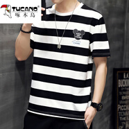啄木鳥(niǎo)（TUCANO）圓領(lǐng)短袖t恤男夏季條紋寬松薄款潮流短袖男半袖打底衫上衣服男裝  1808黑色 M （約90-100斤可穿）