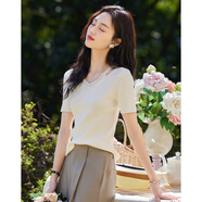 德瑪納【清冷感穿搭】夏季法式V領(lǐng)鏤空釘珠雙曲線衫肌理感針織衫女上衣