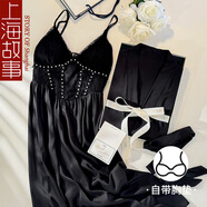 上海故事吊帶睡裙女套裝夏季蕾絲花邊性感純欲帶胸墊粉色睡袍釘珠重工禮盒 雅黑 XL 推薦體重120-140斤