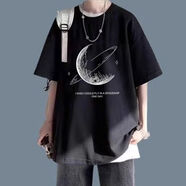 星宿搖（xingsuyao）夏季潮牌短袖套裝男休閑潮流美式一套男裝搭配學(xué)生情侶炸街牛仔褲 月亮短袖【黑色單件】 XL 建議【130-150斤】