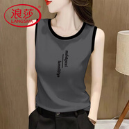 浪莎（LangSha）純棉無(wú)袖吊帶背心T恤衫女夏季新款韓版百搭休閑內(nèi)搭體恤上衣 深灰色-兩行字母 2XL 130-145斤
