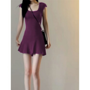 FHHUABD24新款清冷感T恤連衣裙女秋季穿搭修身針織短裙 深紫色(螺紋) S