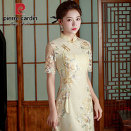 皮爾卡丹（pierre cardin）改良旗袍2025夏中長(cháng)蕾絲新款A版刺繡氣質(zhì)復古連衣裙中國風(fēng)旗袍裙 香檳色 L (約適合90-100斤)