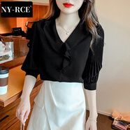 NY-RCE荷葉邊v領(lǐng)雪紡衫女短袖2025年夏季新款時(shí)尚襯衫洋氣質(zhì)t恤時(shí)髦上衣 黑色 XL
