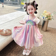 榮西圖（RONGXITU）女童連衣裙夏季2025新款洋氣兒童古裝寶寶漢服中國風(fēng)裙子夏裝薄款 七彩色 100 cm