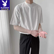 花花公子夏季原宿風(fēng)小眾設計感小高領(lǐng)寬松短袖T恤男女情侶日系ins純色打底 白色 XL