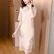 AEMAPE苧麻連衣裙女2025夏季v領(lǐng)印花文藝氣質(zhì)顯瘦裙子高級(jí)感改良旗袍裙 圖片色 L 建議115-130斤
