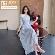 莫代爾2025新款赫本風(fēng)連衣裙女夏季2025新款法式拼接收腰顯瘦蕾絲邊V領(lǐng) 淺藍色旗艦款 L 105-115