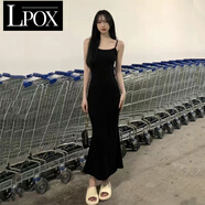 LPOX辣妹收腰顯瘦背心吊帶連衣裙女欲過(guò)膝包臀裙魚(yú)尾緊身打底裙女 黑色 M 建議80-95斤