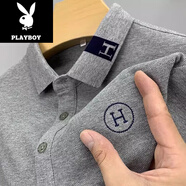 花花公子（PLAYBOY）夏季新款男士短袖t恤寬松大碼刺繡polo衫男翻領(lǐng)純色上衣體恤 灰藍-【M01款】 僅剩3單 M 48碼110斤內
