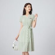 喬妮塔品牌2025夏季新款V領(lǐng)印花優(yōu)雅氣質(zhì)短袖收腰系帶雪紡連衣裙 綠花 均碼 2xl