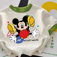 迪士尼（Disney）2025夏季米奇印花日韓童裝上衣男童洋氣百搭純棉拼色短袖 綠領(lǐng)白衣【搞怪米奇】 140