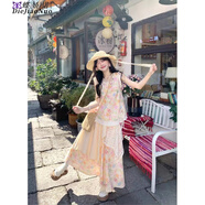 蝶嬌諾（DIEJIAONUO）連衣裙子女夏季2025新款韓系氛圍感法式純欲風(fēng)溫柔風(fēng)彩虹碎花可愛 上衣+裙子 L