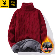 花花公子（PLAYBOY）高領(lǐng)毛衣男秋冬季韓版加絨加厚保暖針織衫潮牌內(nèi)搭冬款打底衫 紅色 加絨 3XL