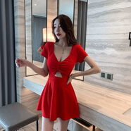 創(chuàng)京懿選夜店裝女夏大碼低胸性感連衣裙夜總會(huì)顯瘦遮肚子短裙 紅色16A2-89952 2XL 119-130斤